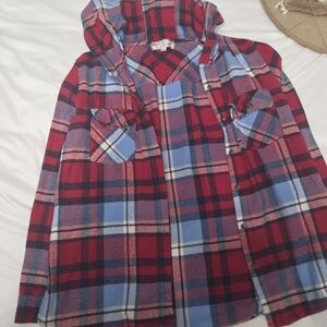 Red and Blue Plaid Hooded Shirt